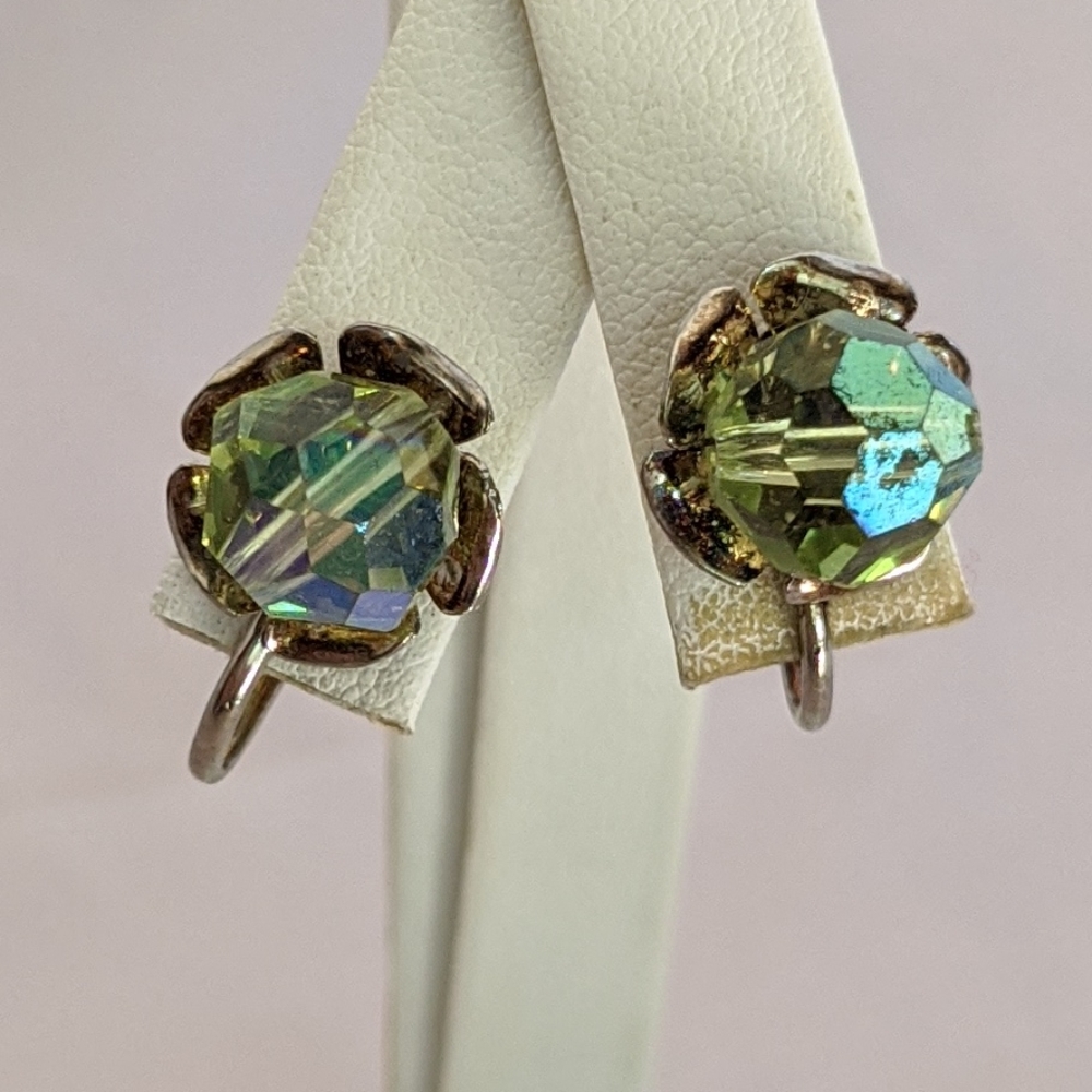 Vintage gold green iridescent screw back earrings